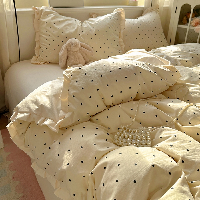 91家纺网 家纺一手货源 找家纺 冕悠家纺 2025新款少女心加厚超柔皱皱小花边水洗棉四件套（加微信提供买家秀 ） 公主-米点