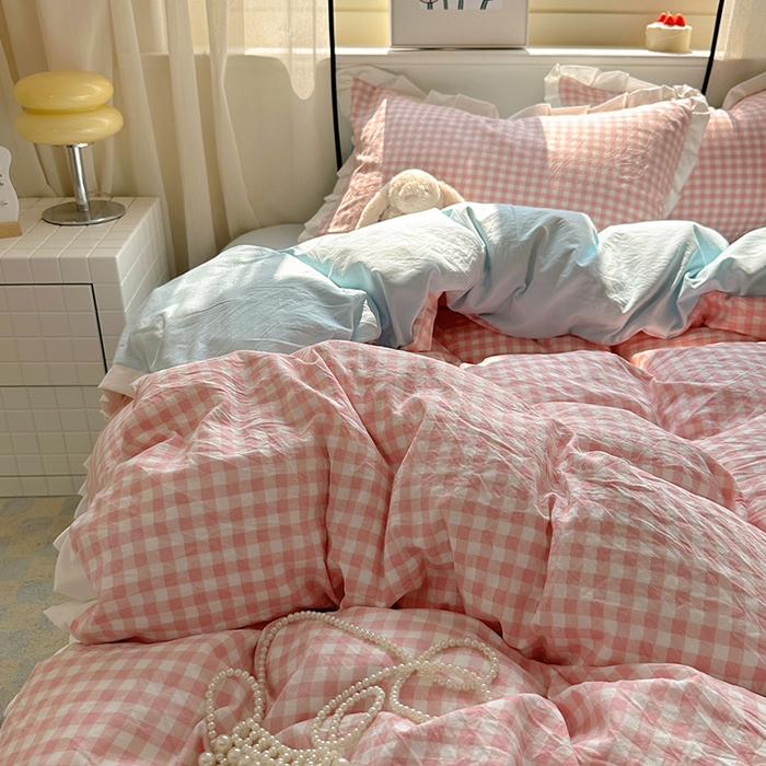 91家纺网 家纺一手货源 找家纺 冕悠家纺 2025新款少女心加厚超柔皱皱小花边水洗棉四件套（加微信提供买家秀 ） 公主-粉格