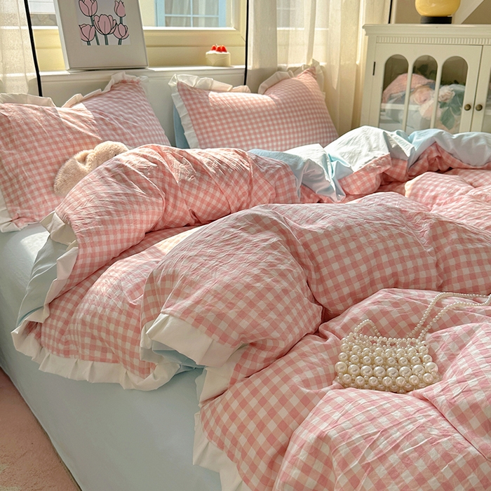 91家纺网 家纺一手货源 找家纺 冕悠家纺 2025新款少女心加厚超柔皱皱小花边水洗棉四件套（加微信提供买家秀 ） 公主-粉格