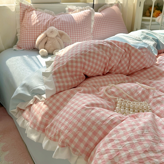 91家纺网 家纺一手货源 找家纺 冕悠家纺 2025新款少女心加厚超柔皱皱小花边水洗棉四件套（加微信提供买家秀 ） 公主-粉格