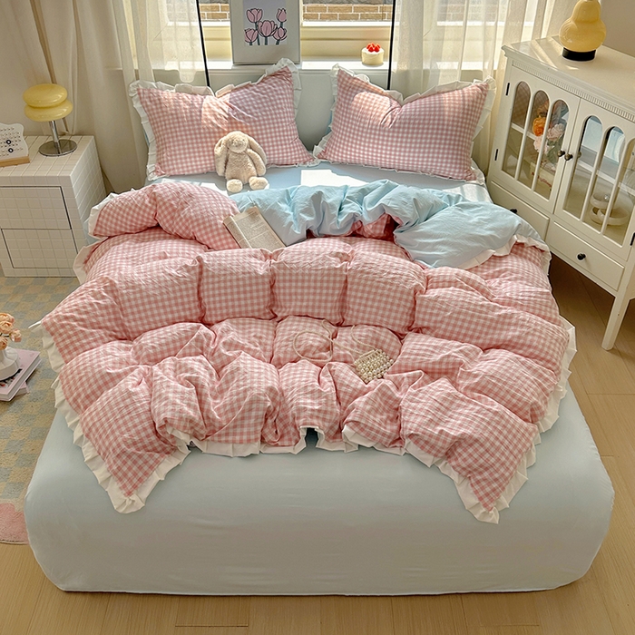 91家纺网 家纺一手货源 找家纺 冕悠家纺 2025新款少女心加厚超柔皱皱小花边水洗棉四件套（加微信提供买家秀 ） 公主-粉格