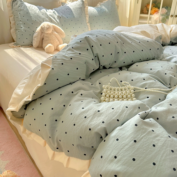 91家纺网 家纺一手货源 找家纺 冕悠家纺 2025新款少女心加厚超柔皱皱小花边水洗棉四件套（加微信提供买家秀 ） 公主-蓝点