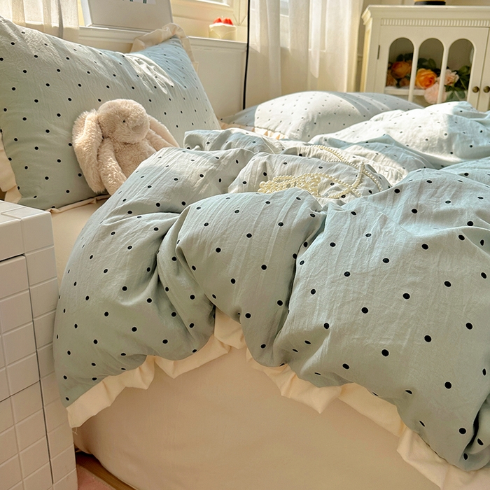 91家纺网 家纺一手货源 找家纺 冕悠家纺 2025新款少女心加厚超柔皱皱小花边水洗棉四件套（加微信提供买家秀 ） 公主-蓝点