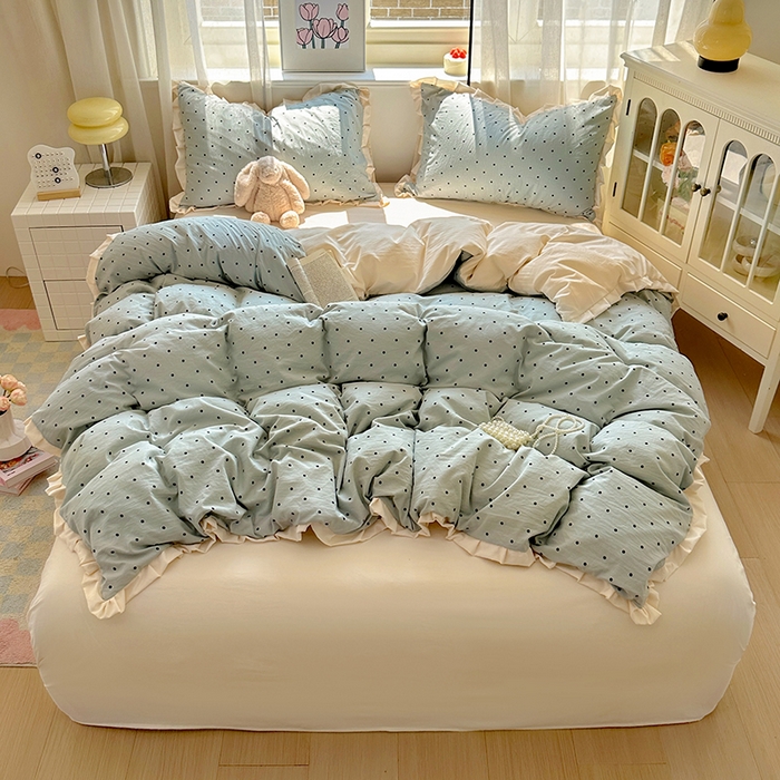 91家纺网 家纺一手货源 找家纺 冕悠家纺 2025新款少女心加厚超柔皱皱小花边水洗棉四件套（加微信提供买家秀 ） 公主-蓝点