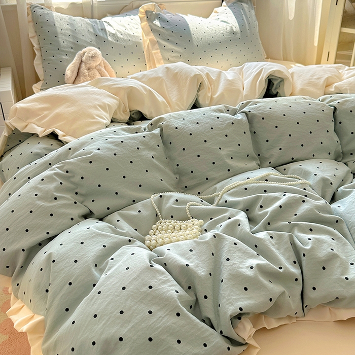 91家纺网 家纺一手货源 找家纺 冕悠家纺 2025新款少女心加厚超柔皱皱小花边水洗棉四件套（加微信提供买家秀 ） 公主-蓝点