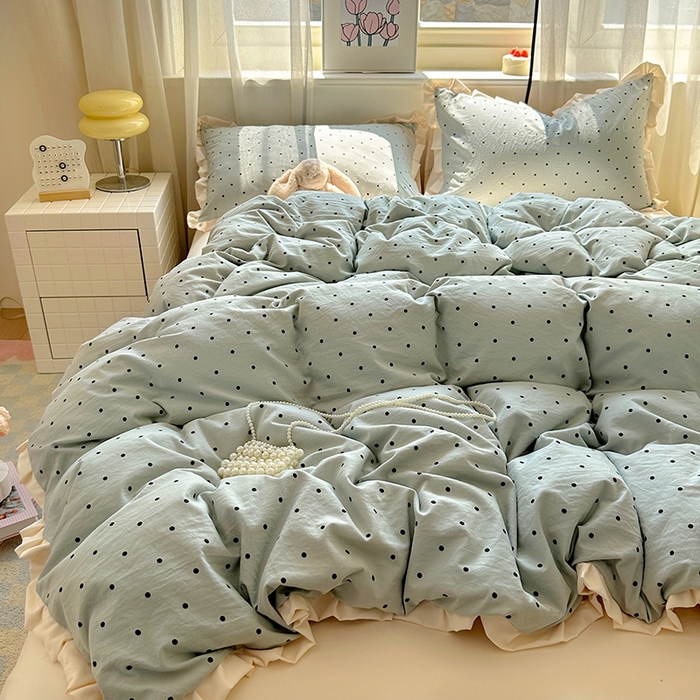 91家纺网 家纺一手货源 找家纺 冕悠家纺 2025新款少女心加厚超柔皱皱小花边水洗棉四件套（加微信提供买家秀 ） 公主-蓝点