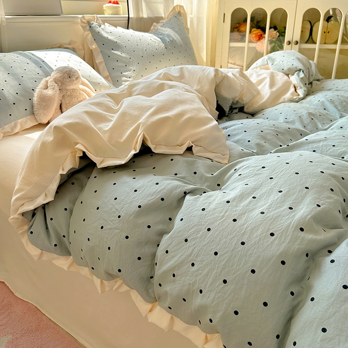 91家纺网 家纺一手货源 找家纺 冕悠家纺 2025新款少女心加厚超柔皱皱小花边水洗棉四件套（加微信提供买家秀 ） 公主-蓝点