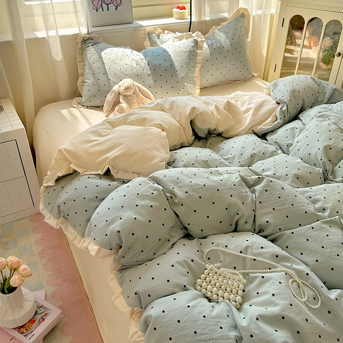 91家纺网 家纺一手货源 找家纺 冕悠家纺 2025新款少女心加厚超柔皱皱小花边水洗棉四件套（加微信提供买家秀 ） 公主-蓝点