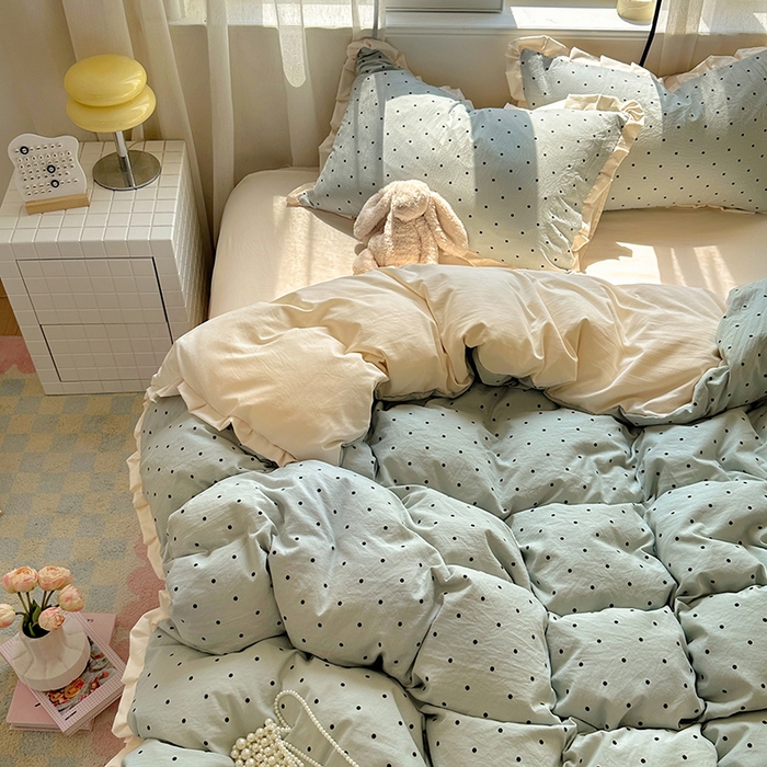 91家纺网 家纺一手货源 找家纺 冕悠家纺 2025新款少女心加厚超柔皱皱小花边水洗棉四件套（加微信提供买家秀 ） 公主-蓝点