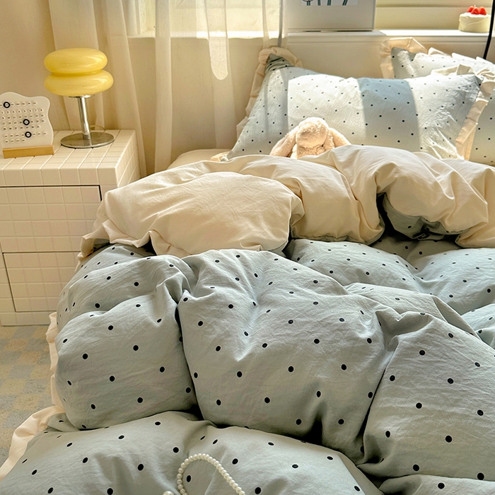 91家纺网 家纺一手货源 找家纺 冕悠家纺 2025新款少女心加厚超柔皱皱小花边水洗棉四件套（加微信提供买家秀 ） 公主-蓝点