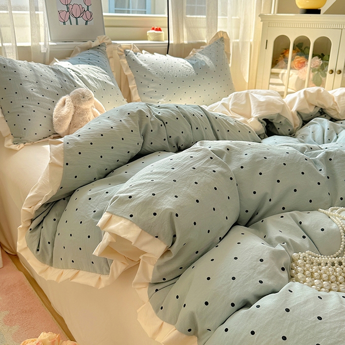 91家纺网 家纺一手货源 找家纺 冕悠家纺 2025新款少女心加厚超柔皱皱小花边水洗棉四件套（加微信提供买家秀 ） 公主-蓝点