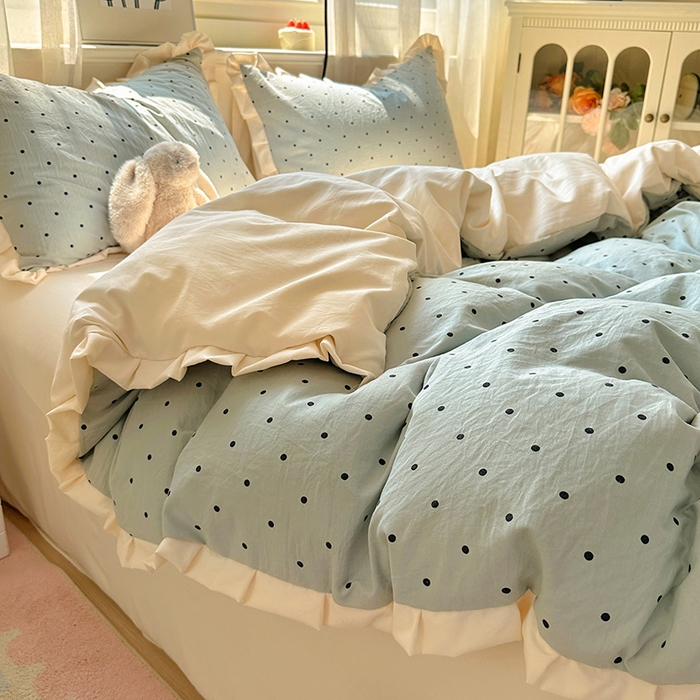 91家纺网 家纺一手货源 找家纺 冕悠家纺 2025新款少女心加厚超柔皱皱小花边水洗棉四件套（加微信提供买家秀 ） 公主-蓝点