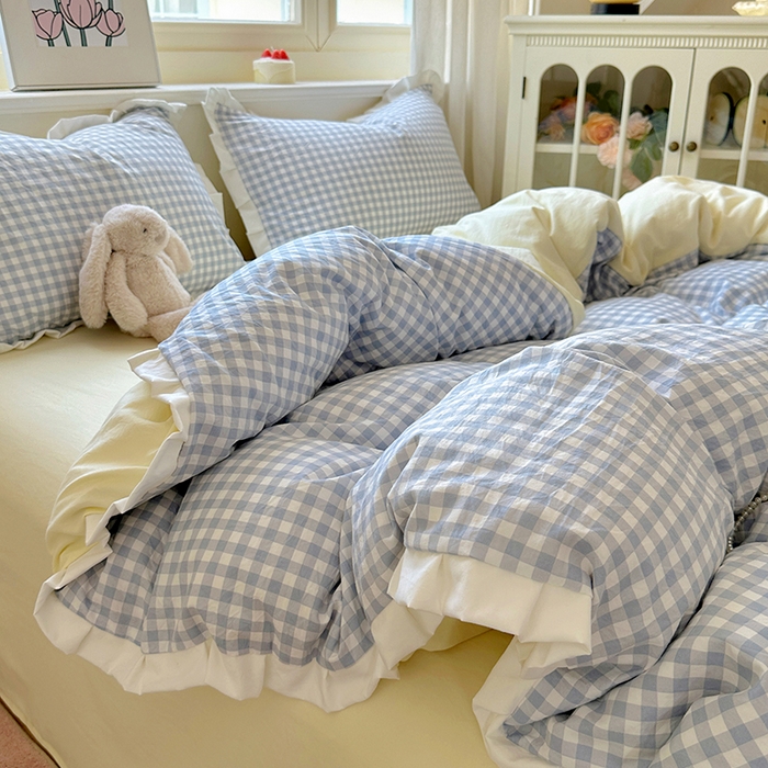 冕悠家纺 2025新款少女心加厚超柔皱皱小花边水洗棉四件套（加微信提供买家秀 ） 公主-蓝格