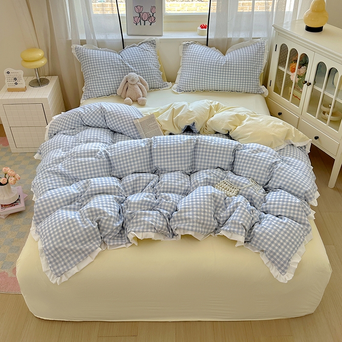 91家纺网 家纺一手货源 找家纺 冕悠家纺 2025新款少女心加厚超柔皱皱小花边水洗棉四件套（加微信提供买家秀 ） 公主-蓝格