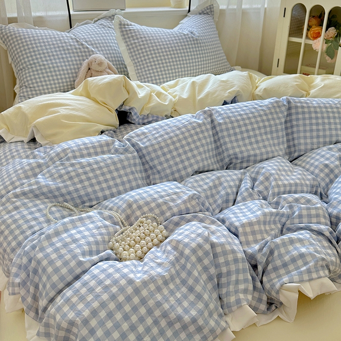 91家纺网 家纺一手货源 找家纺 冕悠家纺 2025新款少女心加厚超柔皱皱小花边水洗棉四件套（加微信提供买家秀 ） 公主-蓝格