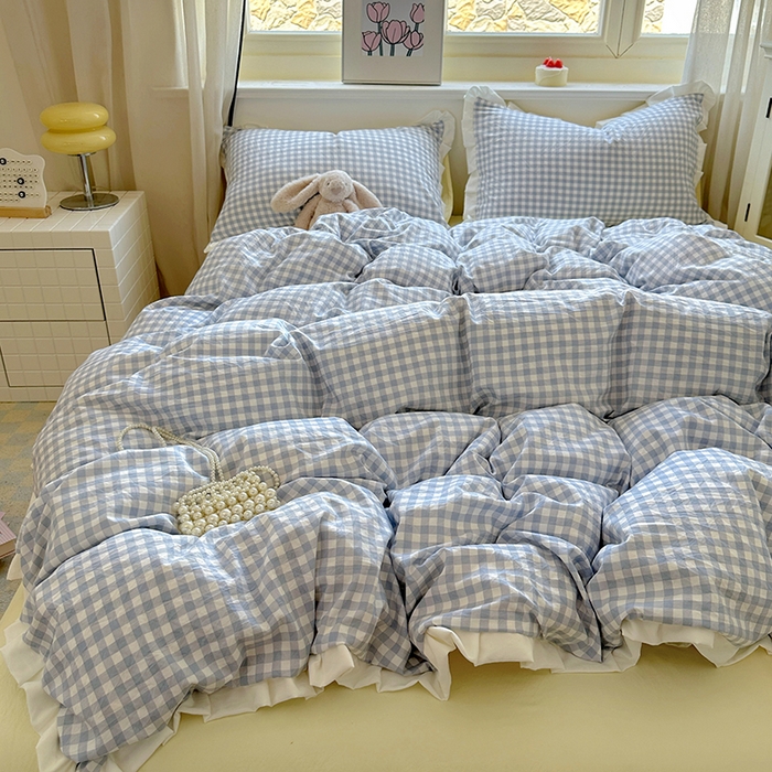 91家纺网 家纺一手货源 找家纺 冕悠家纺 2025新款少女心加厚超柔皱皱小花边水洗棉四件套（加微信提供买家秀 ） 公主-蓝格