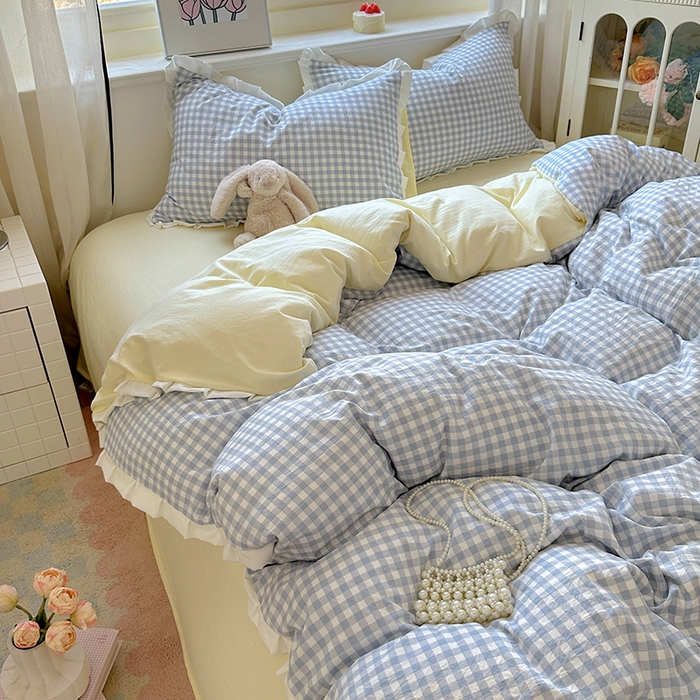 91家纺网 家纺一手货源 找家纺 冕悠家纺 2025新款少女心加厚超柔皱皱小花边水洗棉四件套（加微信提供买家秀 ） 公主-蓝格