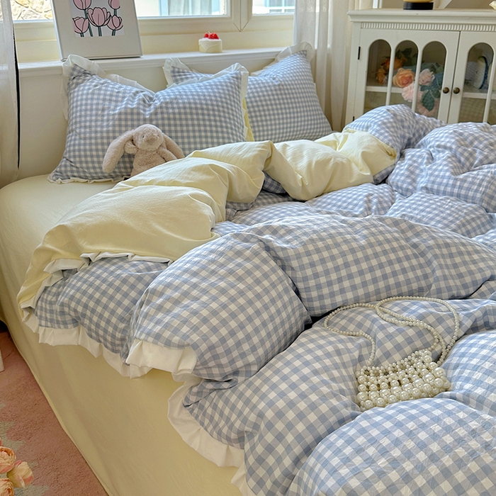 91家纺网 家纺一手货源 找家纺 冕悠家纺 2025新款少女心加厚超柔皱皱小花边水洗棉四件套（加微信提供买家秀 ） 公主-蓝格