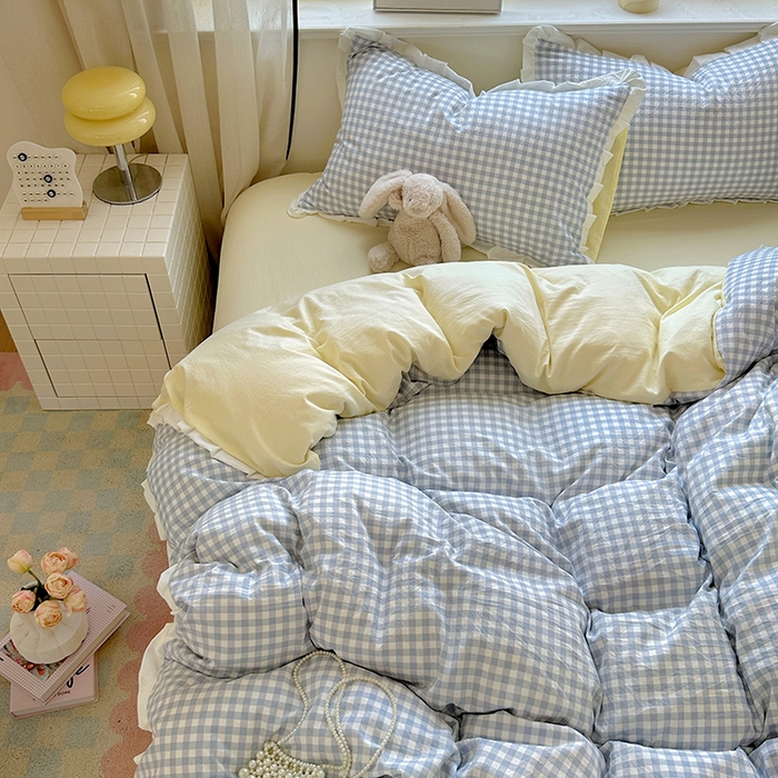 91家纺网 家纺一手货源 找家纺 冕悠家纺 2025新款少女心加厚超柔皱皱小花边水洗棉四件套（加微信提供买家秀 ） 公主-蓝格