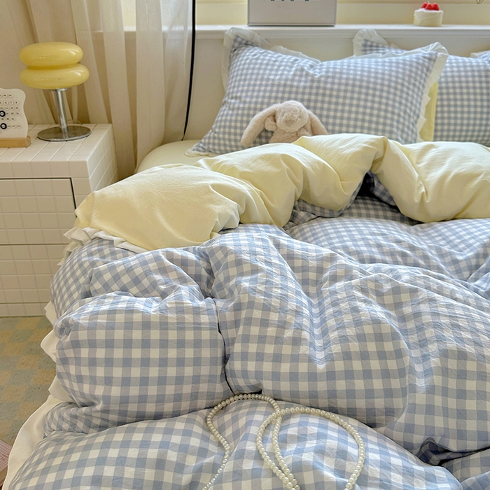 91家纺网 家纺一手货源 找家纺 冕悠家纺 2025新款少女心加厚超柔皱皱小花边水洗棉四件套（加微信提供买家秀 ） 公主-蓝格