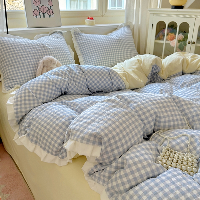 91家纺网 家纺一手货源 找家纺 冕悠家纺 2025新款少女心加厚超柔皱皱小花边水洗棉四件套（加微信提供买家秀 ） 公主-蓝格