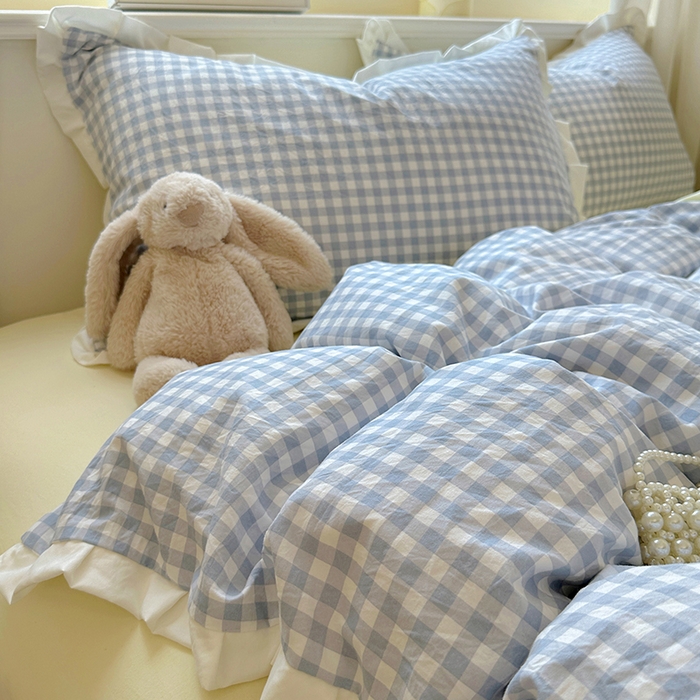 91家纺网 家纺一手货源 找家纺 冕悠家纺 2025新款少女心加厚超柔皱皱小花边水洗棉四件套（加微信提供买家秀 ） 公主-蓝格