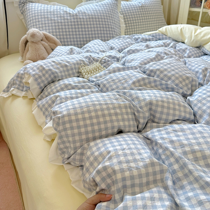 91家纺网 家纺一手货源 找家纺 冕悠家纺 2025新款少女心加厚超柔皱皱小花边水洗棉四件套（加微信提供买家秀 ） 公主-蓝格