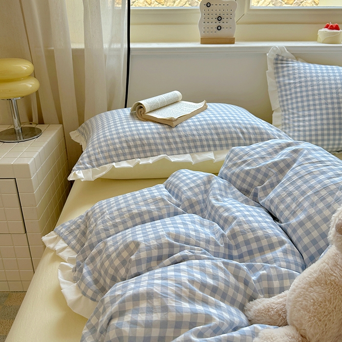 91家纺网 家纺一手货源 找家纺 冕悠家纺 2025新款少女心加厚超柔皱皱小花边水洗棉四件套（加微信提供买家秀 ） 公主-蓝格