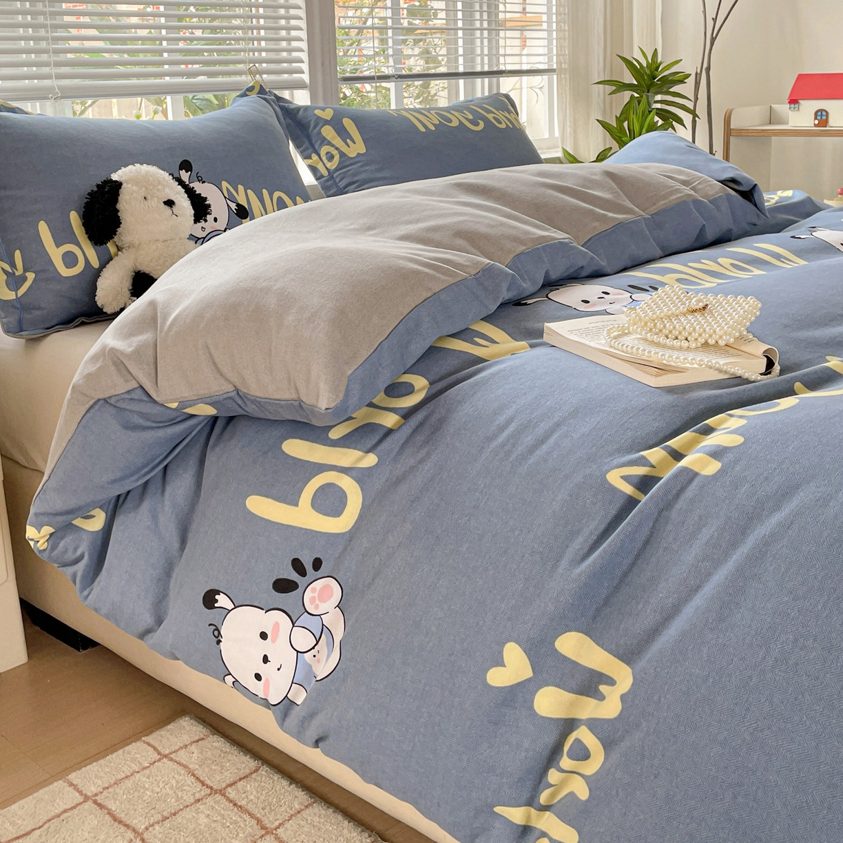 91家纺网 家纺一手货源 找家纺 纽缦家纺 2025新款全棉纯棉磨毛印花单被套 被套单件 萌宠宝贝蓝