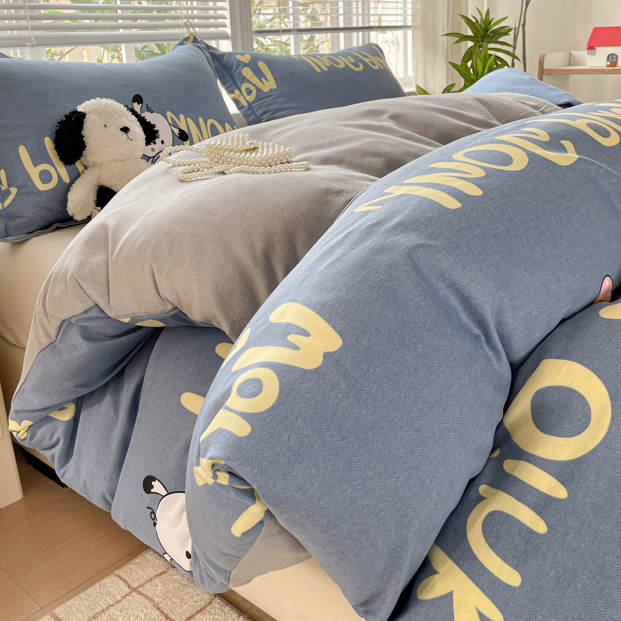 91家纺网 家纺一手货源 找家纺 纽缦家纺 2025新款全棉纯棉磨毛印花单被套 被套单件 萌宠宝贝蓝