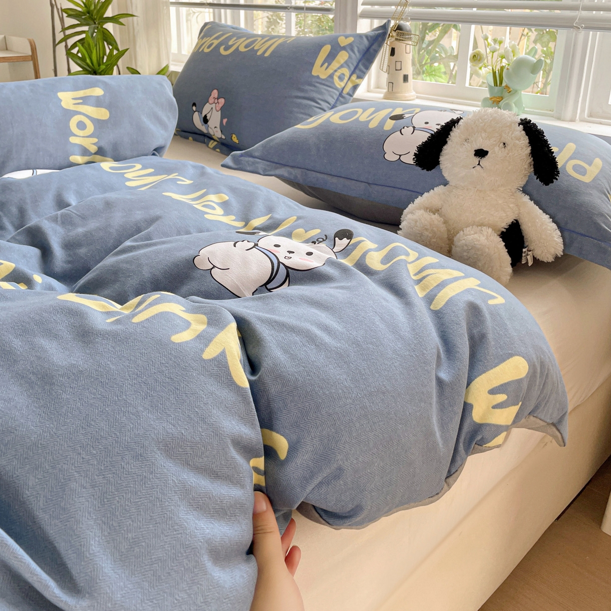 91家纺网 家纺一手货源 找家纺 纽缦家纺 2025新款全棉纯棉磨毛印花单被套 被套单件 萌宠宝贝蓝