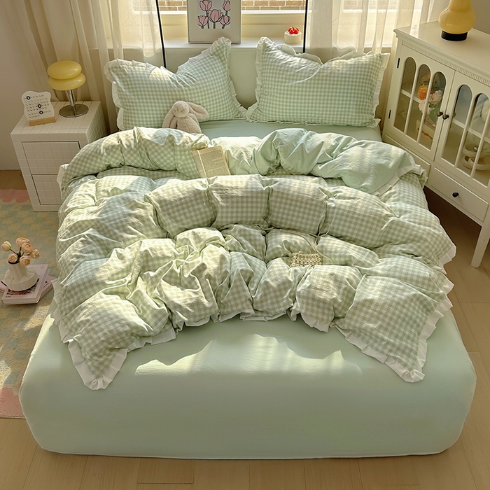 91家纺网 家纺一手货源 找家纺 冕悠家纺 2025新款少女心加厚超柔皱皱小花边水洗棉四件套（加微信提供买家秀 ） 公主-绿格