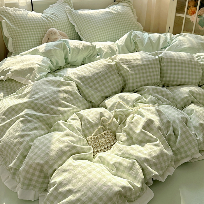 91家纺网 家纺一手货源 找家纺 冕悠家纺 2025新款少女心加厚超柔皱皱小花边水洗棉四件套（加微信提供买家秀 ） 公主-绿格