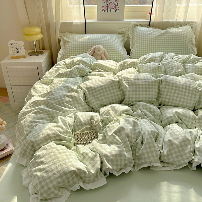 91家纺网 家纺一手货源 找家纺 冕悠家纺 2025新款少女心加厚超柔皱皱小花边水洗棉四件套（加微信提供买家秀 ） 公主-绿格