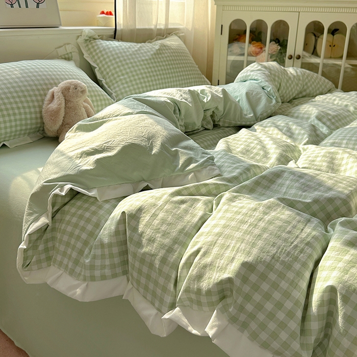 91家纺网 家纺一手货源 找家纺 冕悠家纺 2025新款少女心加厚超柔皱皱小花边水洗棉四件套（加微信提供买家秀 ） 公主-绿格