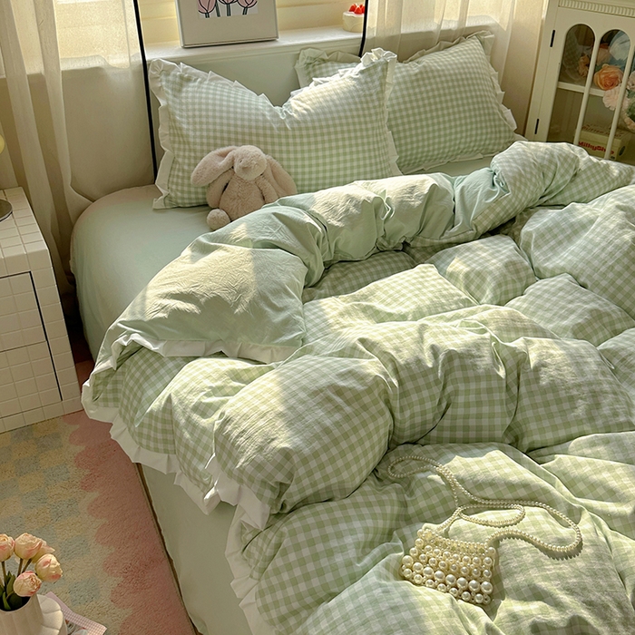 91家纺网 家纺一手货源 找家纺 冕悠家纺 2025新款少女心加厚超柔皱皱小花边水洗棉四件套（加微信提供买家秀 ） 公主-绿格