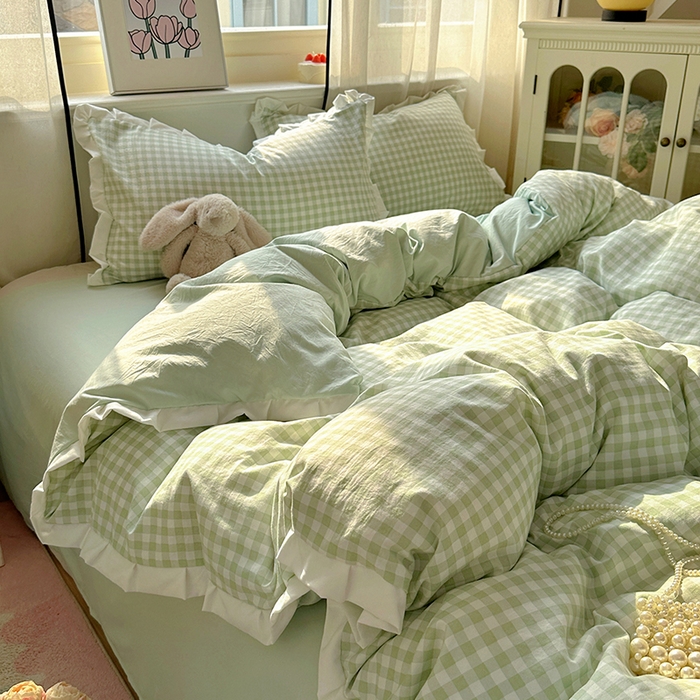 91家纺网 家纺一手货源 找家纺 冕悠家纺 2025新款少女心加厚超柔皱皱小花边水洗棉四件套（加微信提供买家秀 ） 公主-绿格