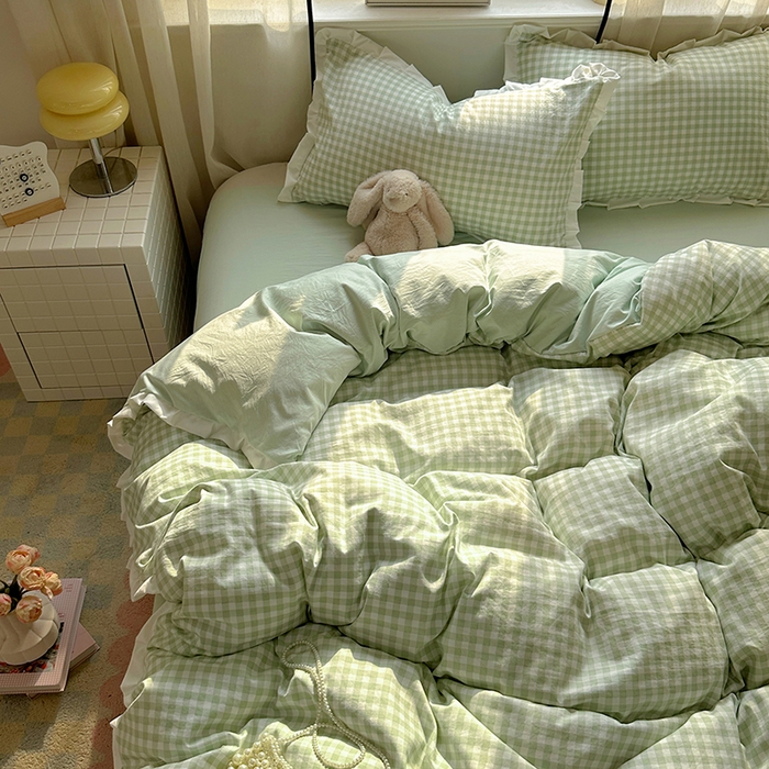 91家纺网 家纺一手货源 找家纺 冕悠家纺 2025新款少女心加厚超柔皱皱小花边水洗棉四件套（加微信提供买家秀 ） 公主-绿格