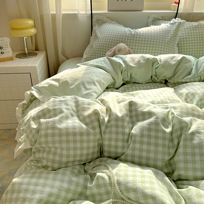 91家纺网 家纺一手货源 找家纺 冕悠家纺 2025新款少女心加厚超柔皱皱小花边水洗棉四件套（加微信提供买家秀 ） 公主-绿格