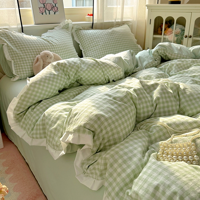 91家纺网 家纺一手货源 找家纺 冕悠家纺 2025新款少女心加厚超柔皱皱小花边水洗棉四件套（加微信提供买家秀 ） 公主-绿格