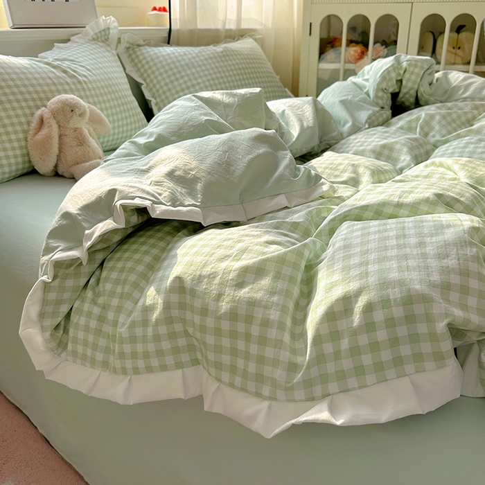 91家纺网 家纺一手货源 找家纺 冕悠家纺 2025新款少女心加厚超柔皱皱小花边水洗棉四件套（加微信提供买家秀 ） 公主-绿格