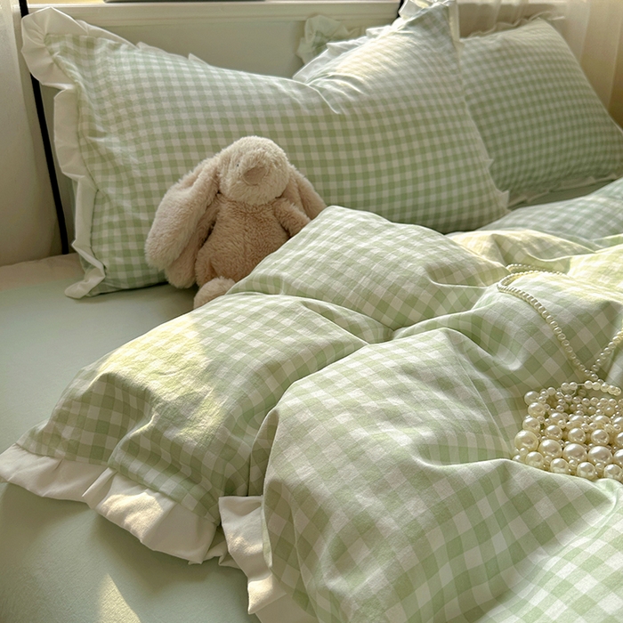 91家纺网 家纺一手货源 找家纺 冕悠家纺 2025新款少女心加厚超柔皱皱小花边水洗棉四件套（加微信提供买家秀 ） 公主-绿格