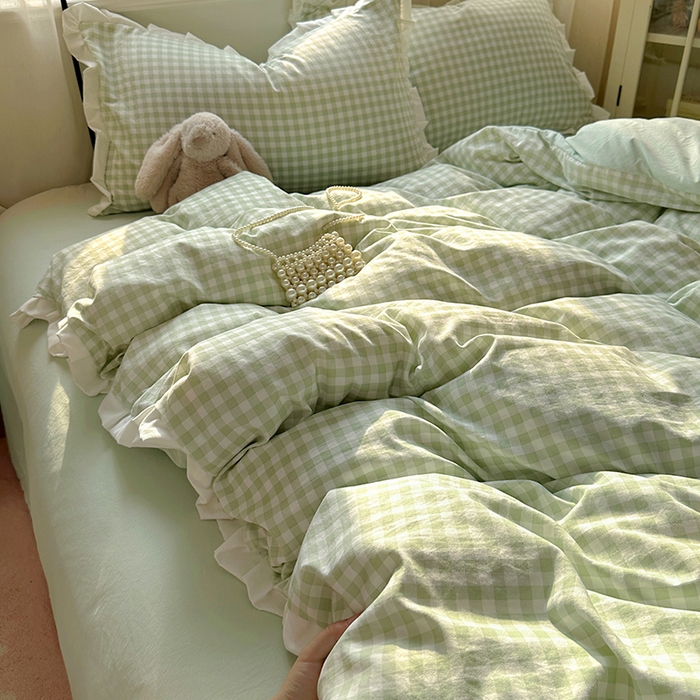 91家纺网 家纺一手货源 找家纺 冕悠家纺 2025新款少女心加厚超柔皱皱小花边水洗棉四件套（加微信提供买家秀 ） 公主-绿格