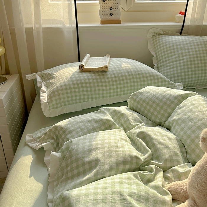 91家纺网 家纺一手货源 找家纺 冕悠家纺 2025新款少女心加厚超柔皱皱小花边水洗棉四件套（加微信提供买家秀 ） 公主-绿格