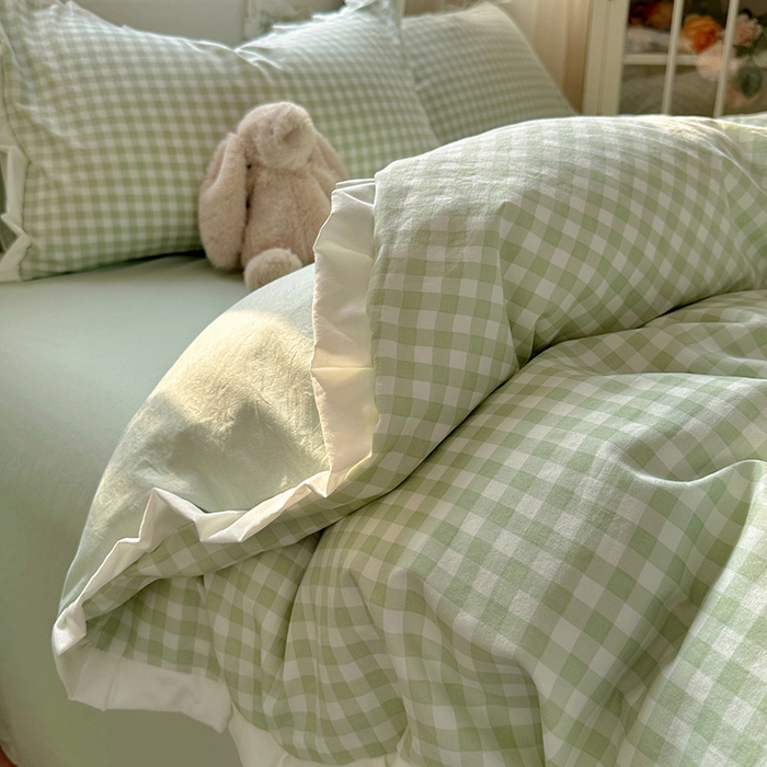 91家纺网 家纺一手货源 找家纺 冕悠家纺 2025新款少女心加厚超柔皱皱小花边水洗棉四件套（加微信提供买家秀 ） 公主-绿格