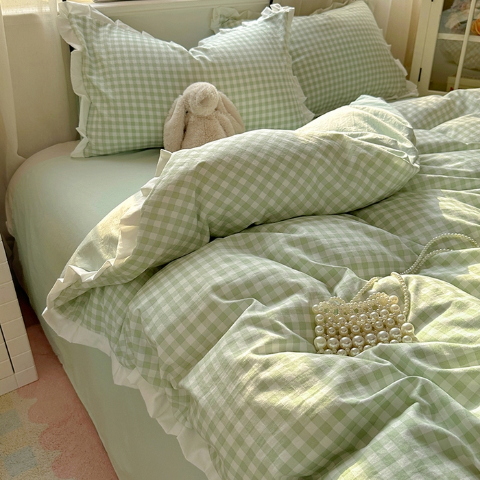 91家纺网 家纺一手货源 找家纺 冕悠家纺 2025新款少女心加厚超柔皱皱小花边水洗棉四件套（加微信提供买家秀 ） 公主-绿格