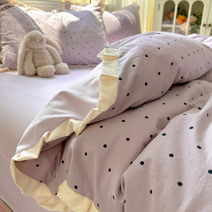 91家纺网 家纺一手货源 找家纺 冕悠家纺 2025新款少女心加厚超柔皱皱小花边水洗棉四件套（加微信提供买家秀 ） 公主-紫点