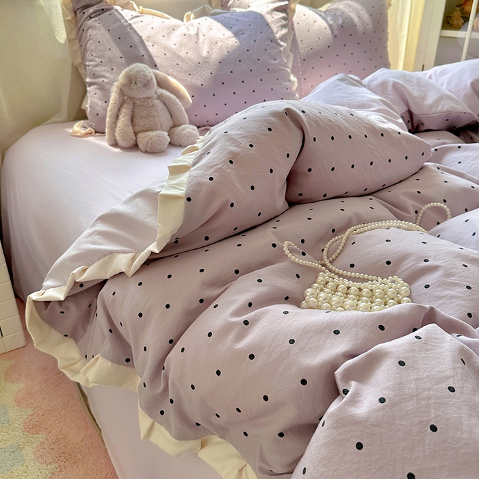 91家纺网 家纺一手货源 找家纺 冕悠家纺 2025新款少女心加厚超柔皱皱小花边水洗棉四件套（加微信提供买家秀 ） 公主-紫点