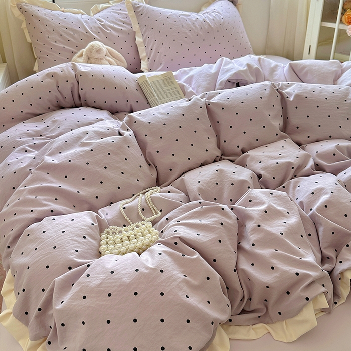 91家纺网 家纺一手货源 找家纺 冕悠家纺 2025新款少女心加厚超柔皱皱小花边水洗棉四件套（加微信提供买家秀 ） 公主-紫点