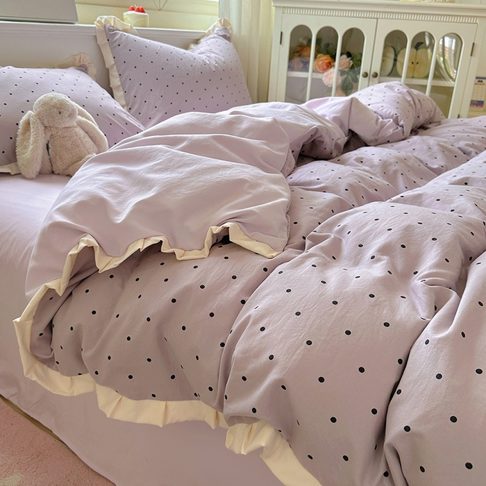 91家纺网 家纺一手货源 找家纺 冕悠家纺 2025新款少女心加厚超柔皱皱小花边水洗棉四件套（加微信提供买家秀 ） 公主-紫点